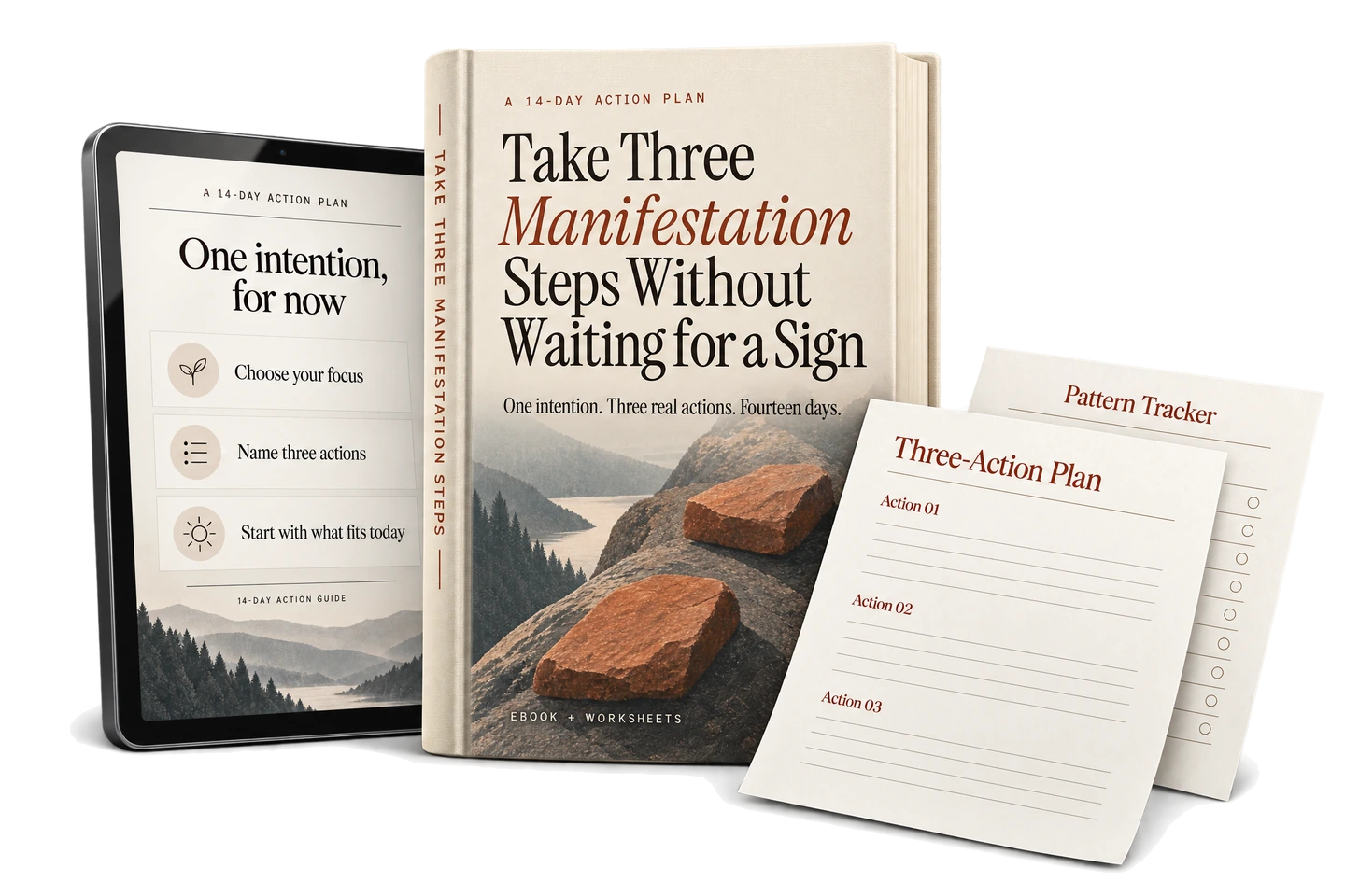 Take Three Manifestation Steps Without Waiting for a Sign ebook, displayed with a tablet, Pattern Tracker, and Three-Action Plan worksheets